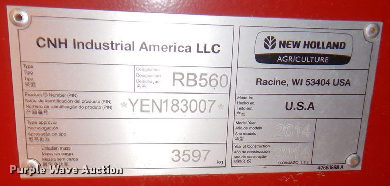 image for item DI5723 2014 New Holland Roll-Belt 560 Specialty Crop  round baler