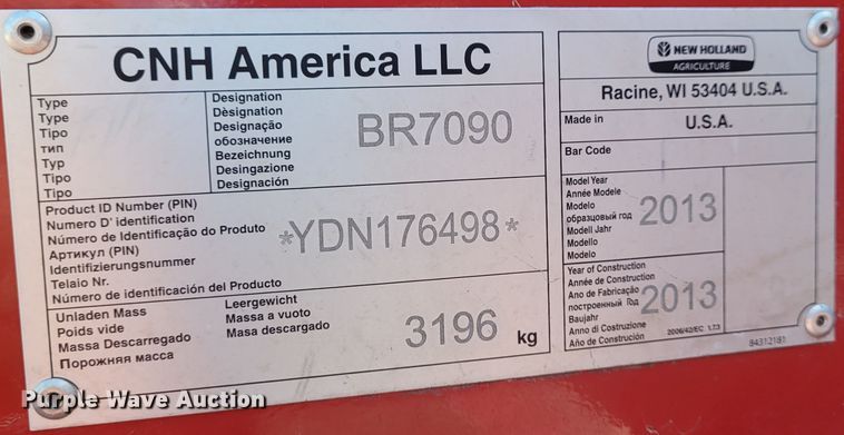 image for item DG3528 2013 New Holland BR7090 Specialty Crop  round baler