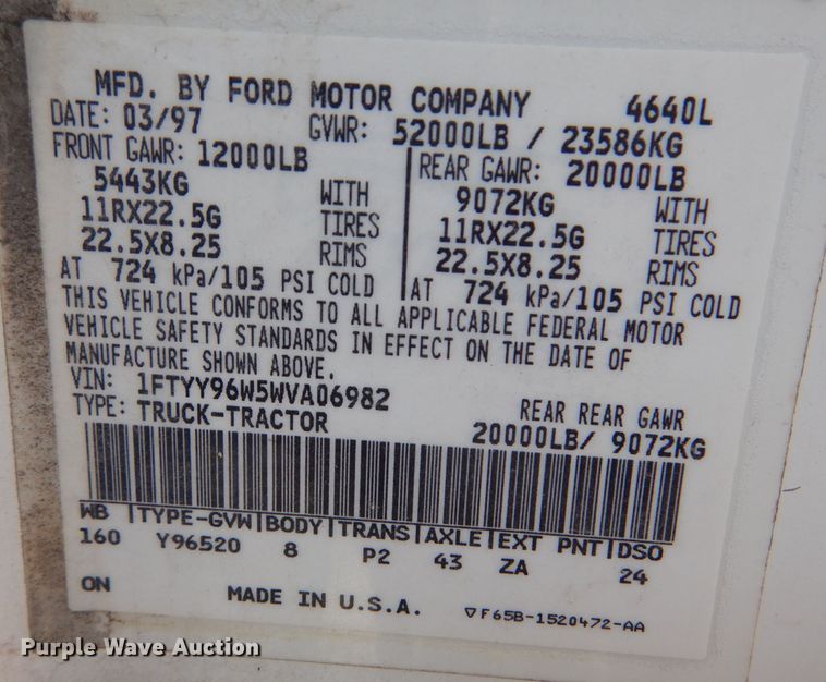 image for item DL3113 1998 Ford Aeromax  semi truck