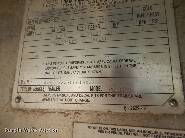 image for item HU9279 2013 Wilson AD 1080  drop deck trailer