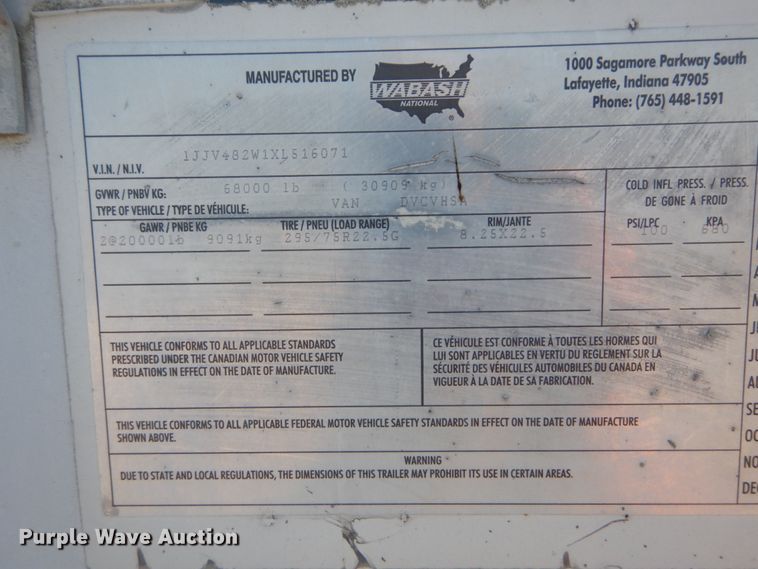 image for item JG9147 1999 Wabash  dry van trailer