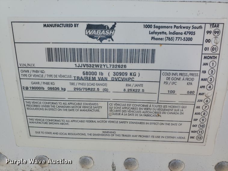 image for item JM9523 2000 Wabash National  dry van trailer