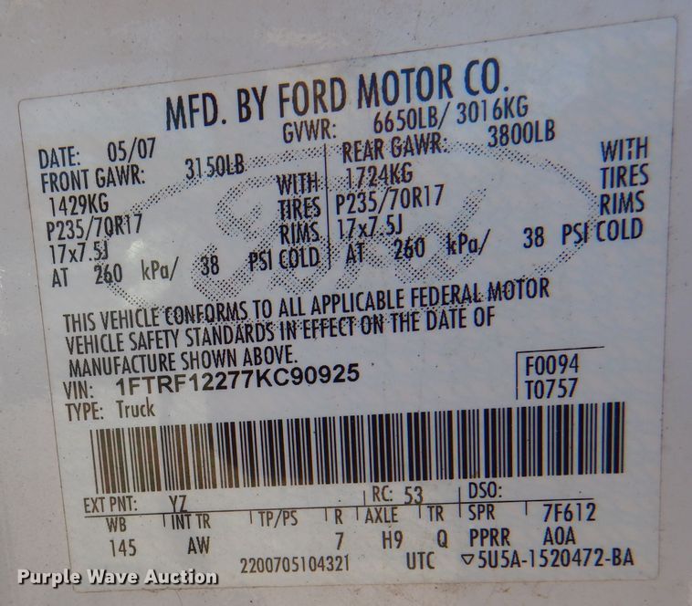 image for item DL3043 2007 Ford F150 XL  pickup truck