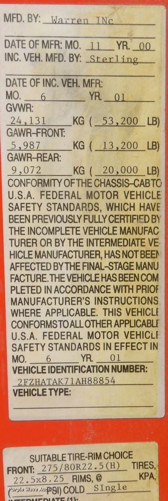 image for item DL3052 2001 Sterling LT7501  dump truck