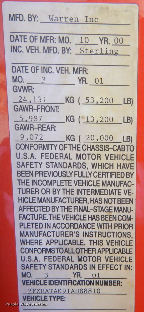 image for item DL3054 2001 Sterling LT7500  dump truck