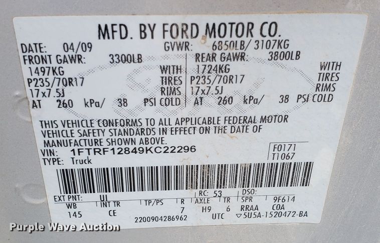 image for item KK9242 2009 Ford F150 XL  pickup truck