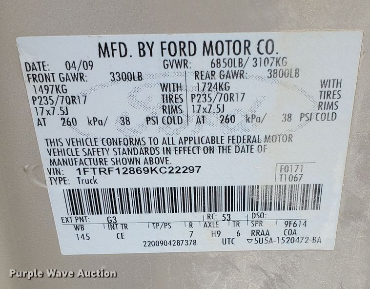 image for item KK9243 2009 Ford F150 XL  pickup truck