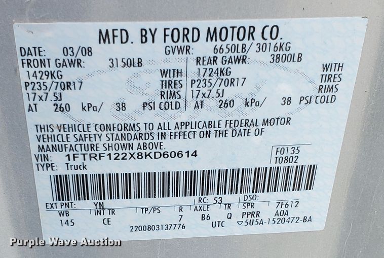 image for item KK9245 2008 Ford F150 XL  pickup truck