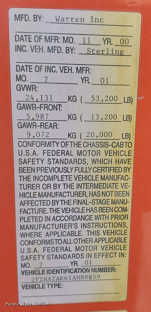 image for item KK9272 2001 Sterling LT7501  dump truck