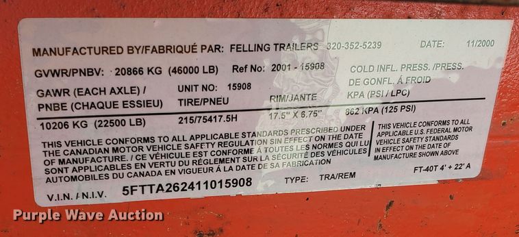 image for item KK9276 2001 Felling FT-40  tilt deck equipment trailer