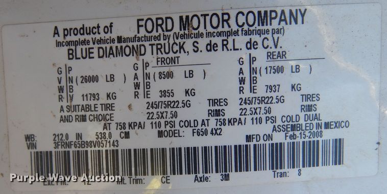 image for item DL6330 2008 Ford F650 Super Duty XLT  truck cab and chassis