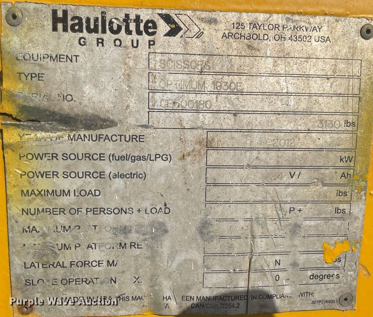 image for item JQ9529 2012 Haulotte Optimum 1930E  scissor lift
