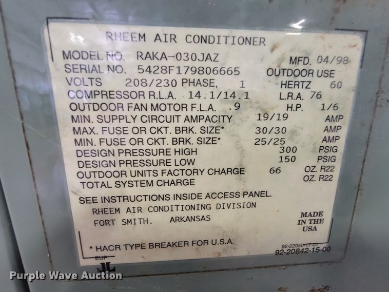 image for item KD9541 Rheem Air RAKA-030JAZ  AC unit