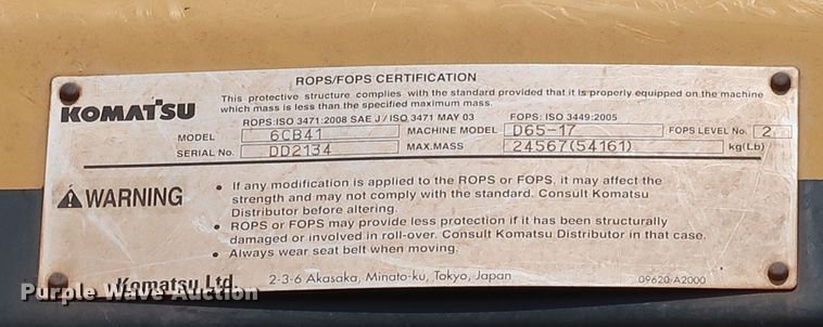 image for item DJ1953 2012 Komatsu D65EX-17  dozer