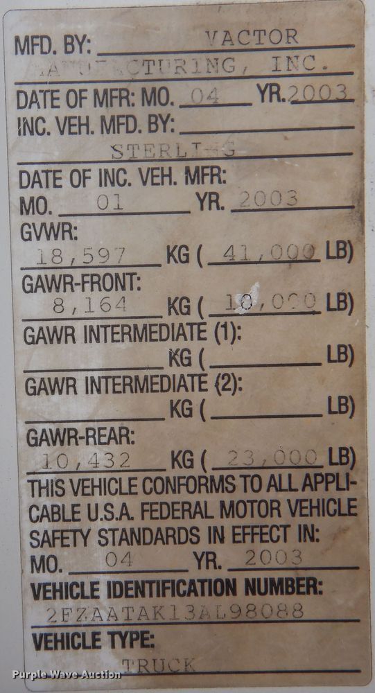 image for item DJ7302 2003 Sterling L7500  sewer jetter truck