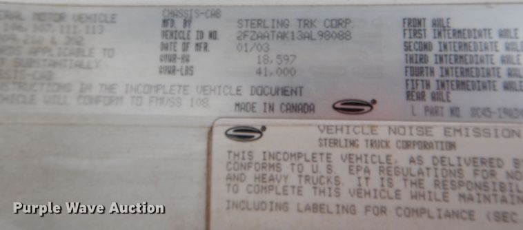 image for item DJ7302 2003 Sterling L7500  sewer jetter truck