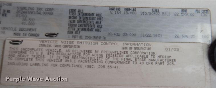 image for item DJ7302 2003 Sterling L7500  sewer jetter truck