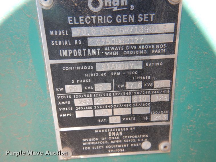 image for item DK8240 Onan 70.0 KR-15R/13901S  generator