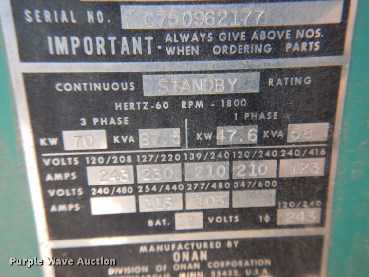 image for item DK8240 Onan 70.0 KR-15R/13901S  generator