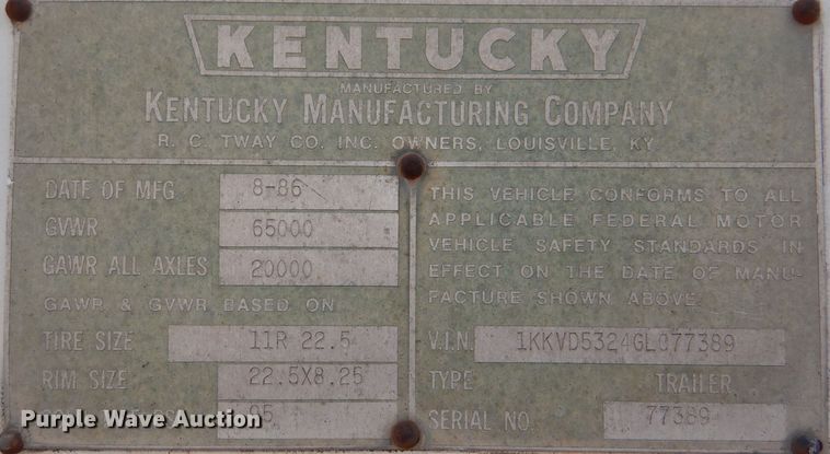 image for item DL3154 1986 Kentucky  dry van trailer