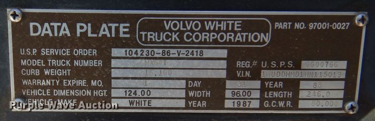 image for item DL6345 1987 Volvo White WX64T  crane truck