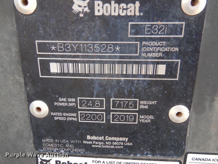 image for item DM5119 2019 Bobcat E32I  mini excavator