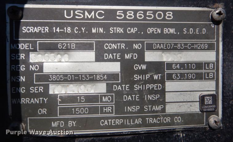 image for item JG9096 1985 Caterpillar 621B  conventional scraper