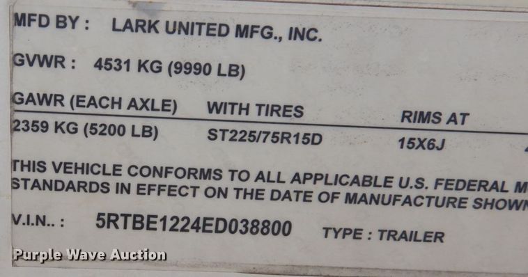 image for item JQ9153 2014 Lark United  enclosed cargo trailer with ground thaw machine