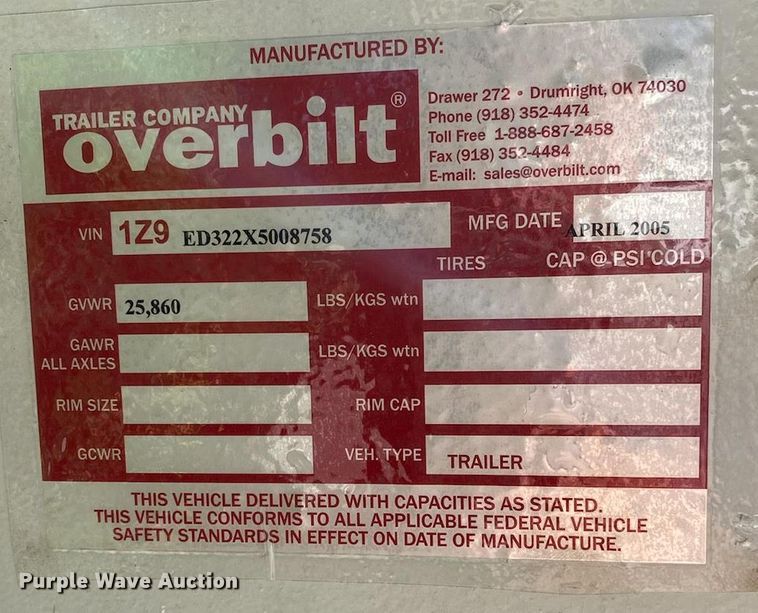 image for item KX9382 2005 Overbilt  tilt deck equipment trailer