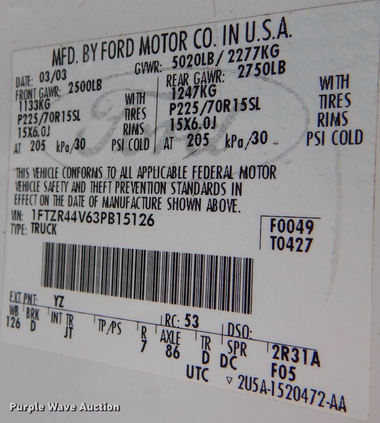 image for item DL3085 2003 Ford Ranger  SuperCab pickup truck