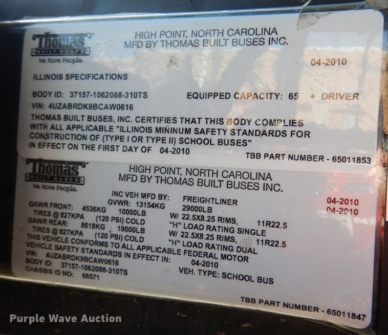 image for item DL3144 2011 Thomas Built Saf-T-Liner  school bus