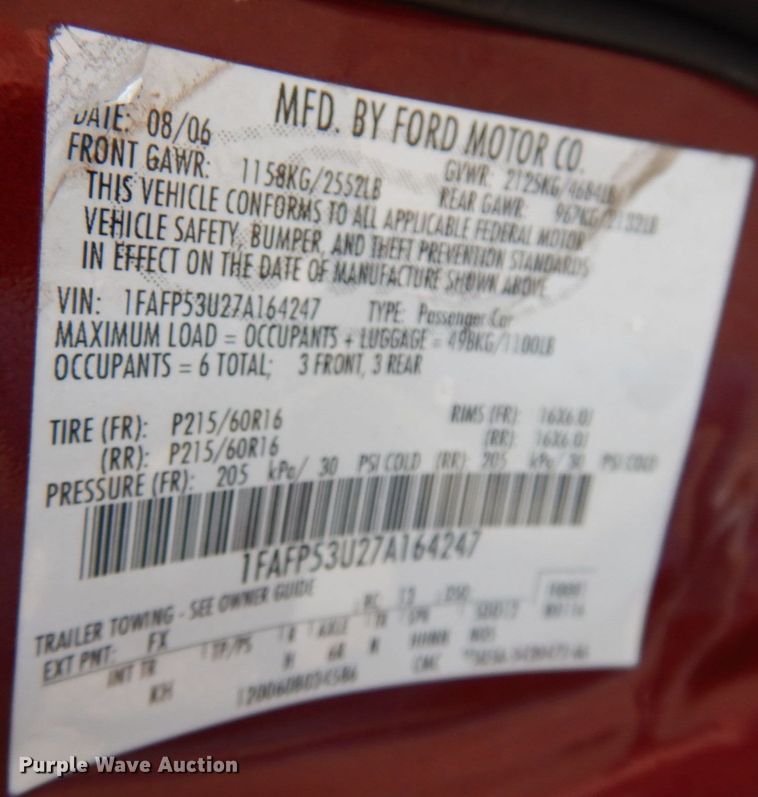 image for item JQ9233 2007 Ford Taurus