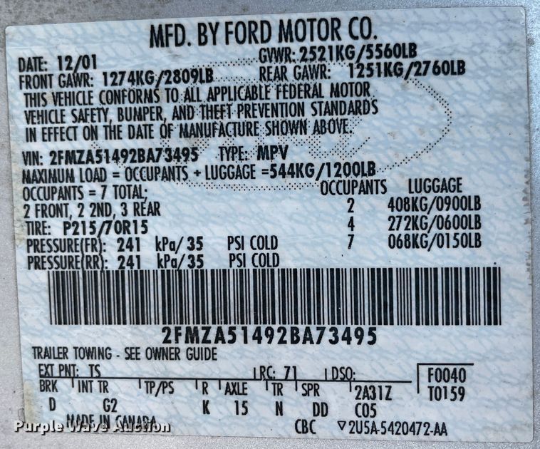 image for item JQ9521 2002 Ford Windstar  van