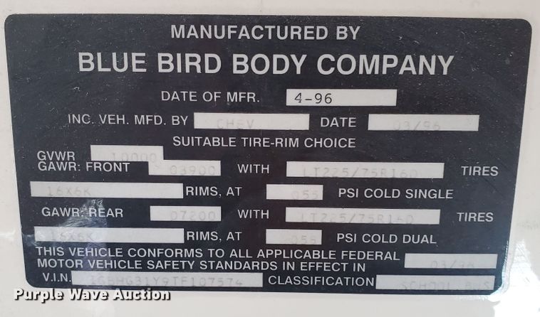 image for item KC9573 1996 Chevrolet C30 Bluebird  school bus