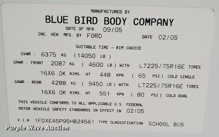 image for item KC9576 2005 Ford E450 Bluebird  school bus