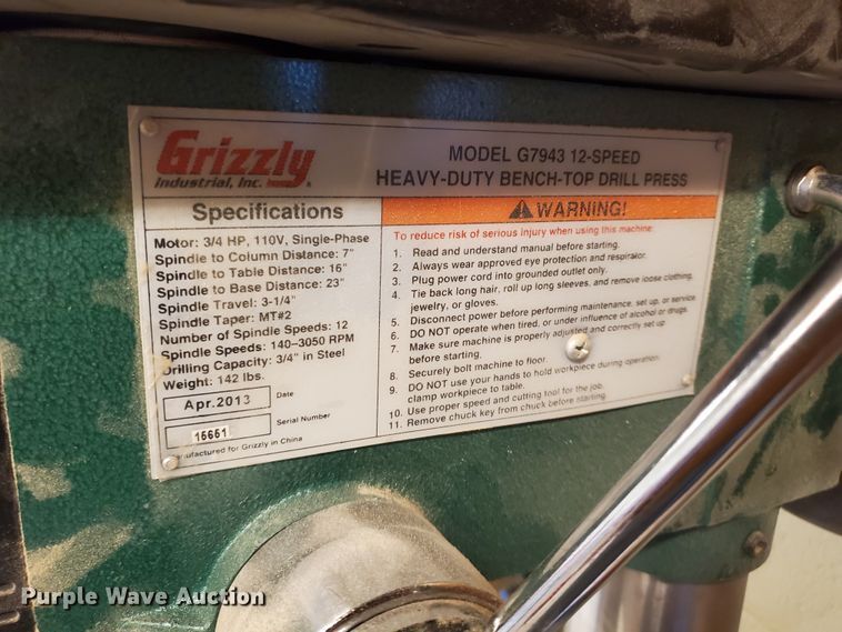 image for item KC9596 2013 Grizzly G7943  drill press