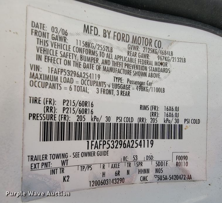 image for item KD9578 2006 Ford Taurus