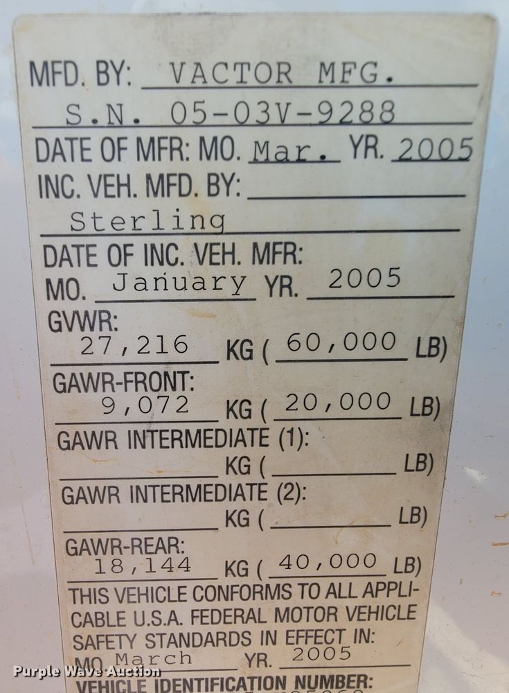 image for item KD9582 2005 Sterling L7500  sewer jetter truck