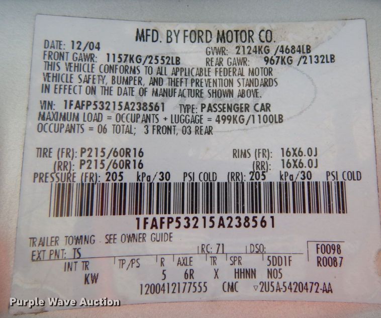 image for item KI9485 2005 Ford Taurus SE