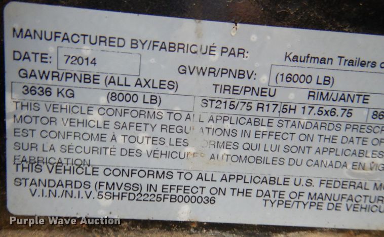 image for item JQ9253 2015 Kaufman  tilt deck equipment trailer