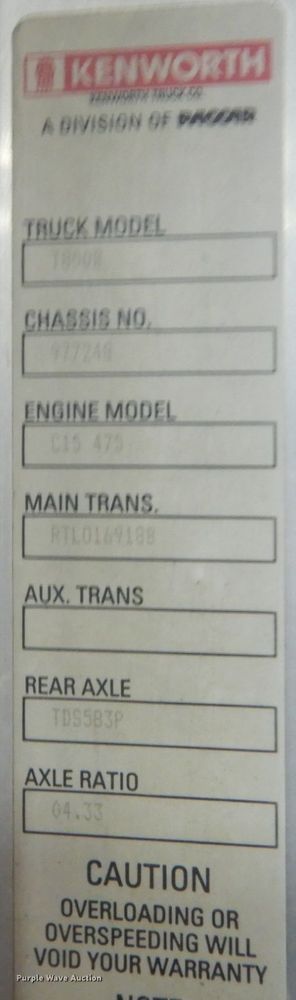image for item KO9717 2005 Kenworth T800B  truck cab and chassis