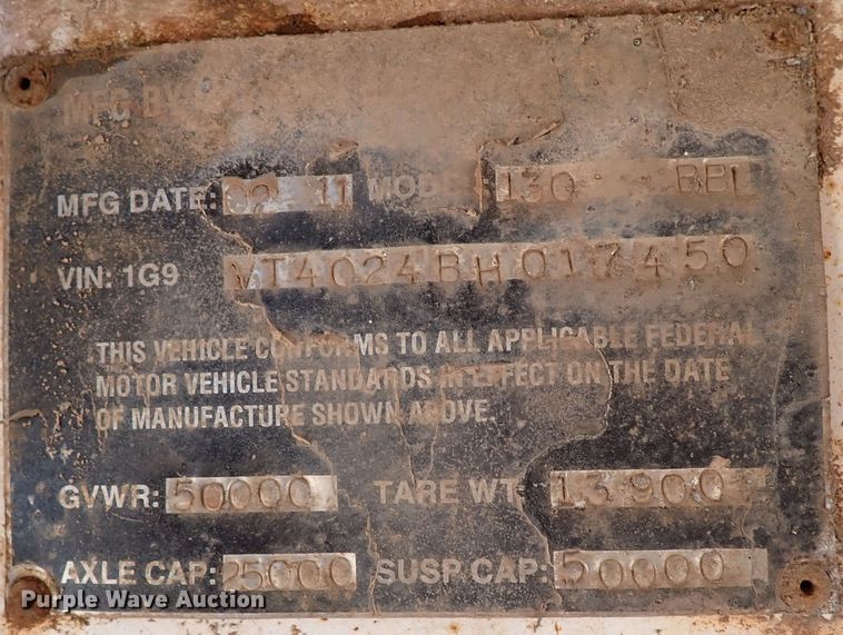 image for item IN9698 2011 Galyean 130BBL  vacuum trailer