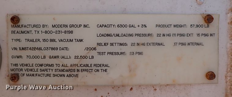 image for item IN9724 2006 Modern Group LLC 150BBL  tank trailer