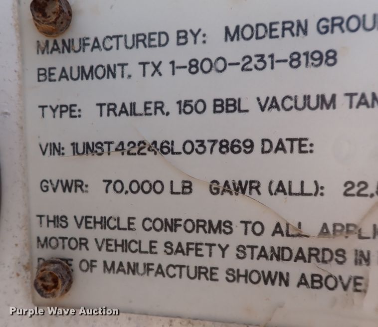image for item IN9724 2006 Modern Group LLC 150BBL  tank trailer