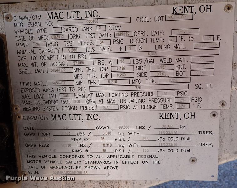 image for item IN9725 2013 Mac LTT Inc  tank trailer