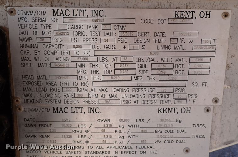 image for item IN9725 2013 Mac LTT Inc  tank trailer