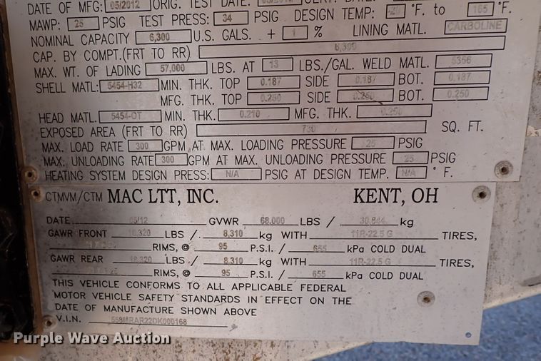 image for item IN9725 2013 Mac LTT Inc  tank trailer