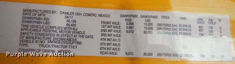 image for item JZ9839 2018 Freightliner Cascadia 125  semi truck