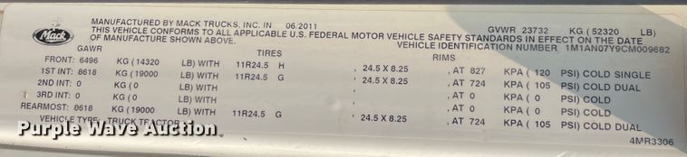 image for item KK9423 2012 Mack CHU613  semi truck