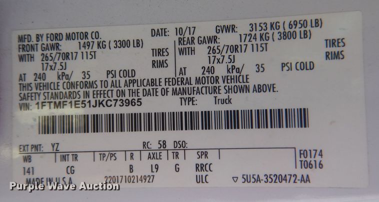 image for item HU9298 2018 Ford F150  pickup truck